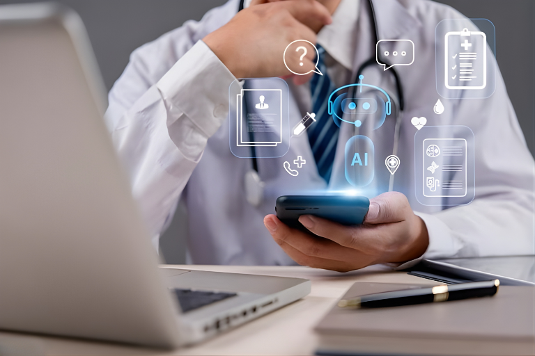 Médico utilizando tablet com ícones de inteligência artificial, representando automação e tecnologia em marketing médico pela Kaminise Growth.